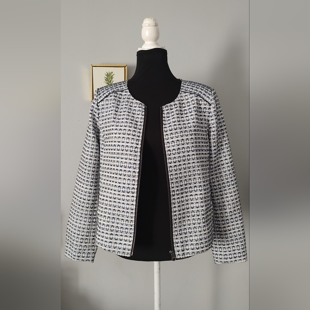 J Crew Blazer Medium Women  Medium 2 Pockets Blue And White Long Sleeves